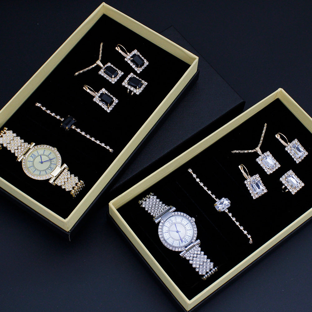 Roman Pattern Diamond-Embedded Women's Watch Jewelry Gift Set Bracelet Watch Women's Light Luxury Full Diamond Beautiful