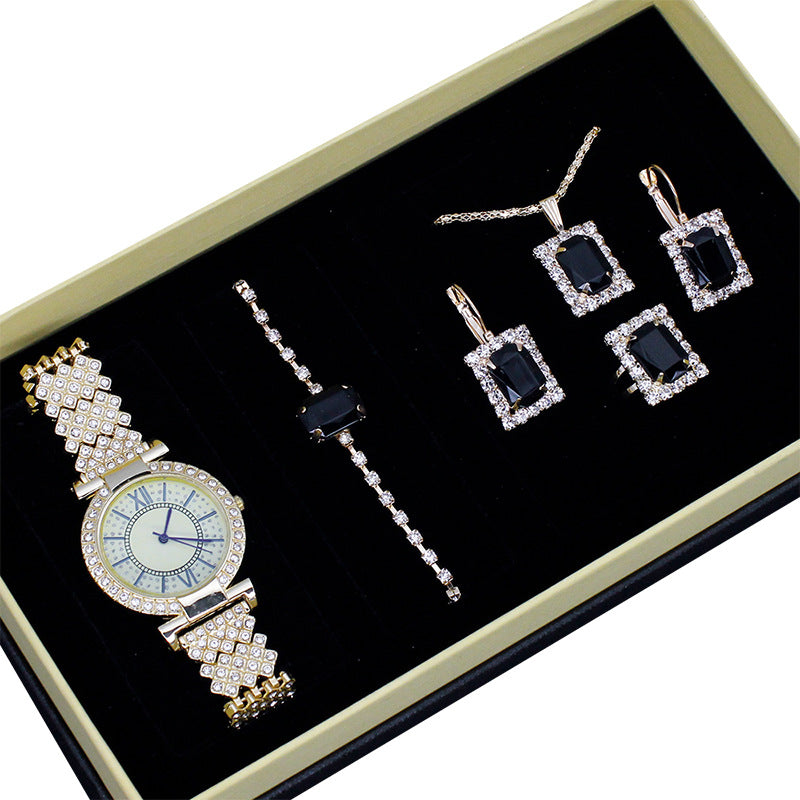 Roman Pattern Diamond-Embedded Women's Watch Jewelry Gift Set Bracelet Watch Women's Light Luxury Full Diamond Beautiful