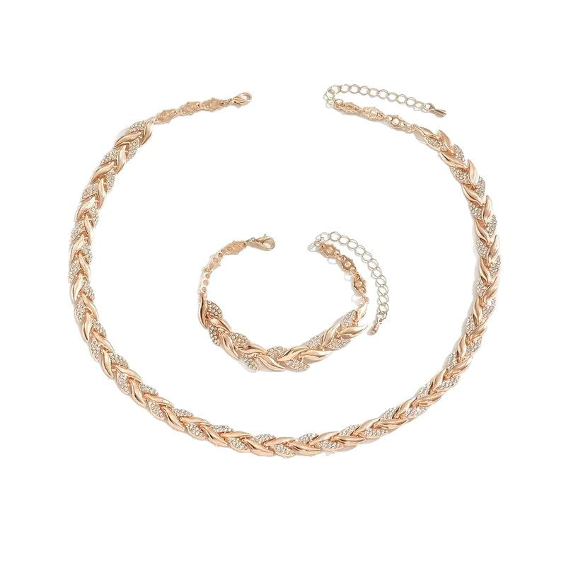 2PCS Glass Leaf Necklace Set Elegant Rhinestone Chain Necklace Bracelet For Women Fashion Luxury Jewelry Set