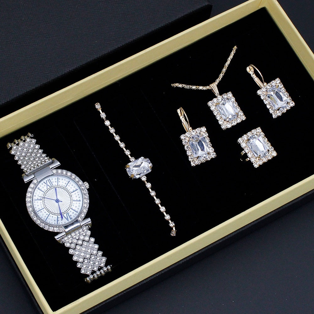 Roman Pattern Diamond-Embedded Women's Watch Jewelry Gift Set Bracelet Watch Women's Light Luxury Full Diamond Beautiful