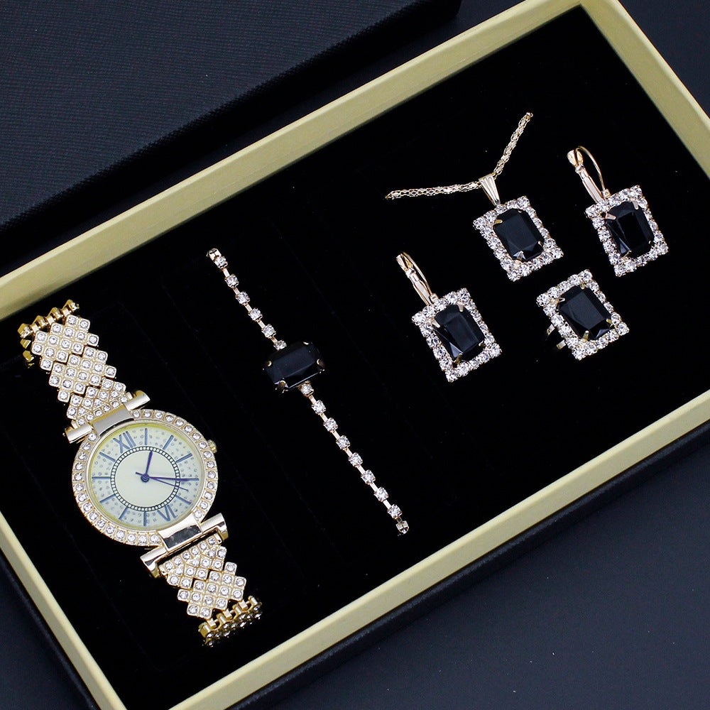 Roman Pattern Diamond-Embedded Women's Watch Jewelry Gift Set Bracelet Watch Women's Light Luxury Full Diamond Beautiful