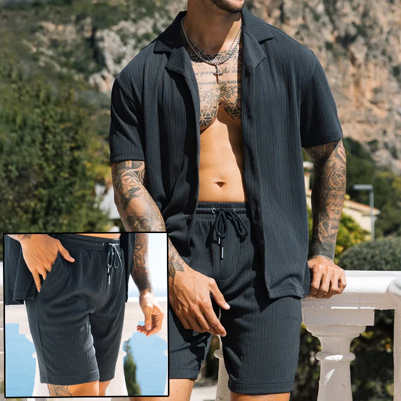 Men's Two-Piece Set Short Sleeve Lapel Button Shirts and Shorts Beach Style Suits Men Summer Fashion Clothing Streetwear
