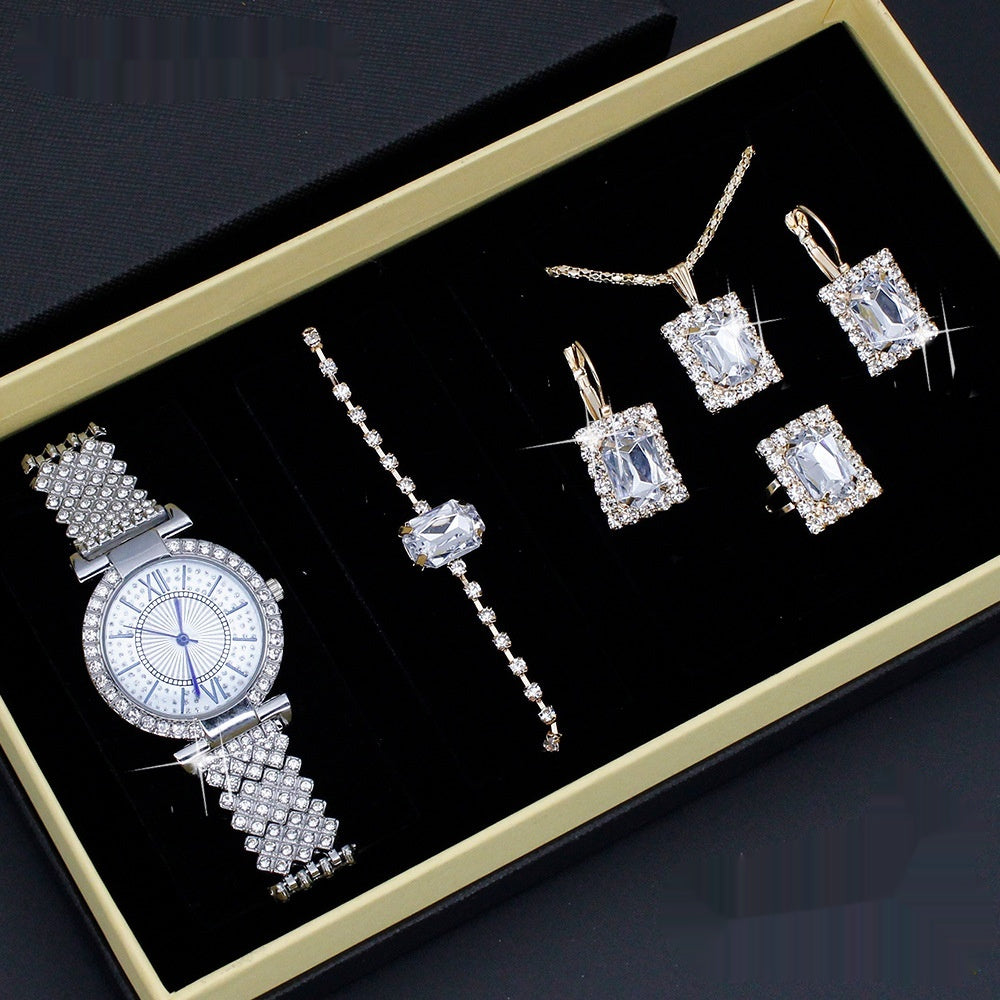 Roman Pattern Diamond-Embedded Women's Watch Jewelry Gift Set Bracelet Watch Women's Light Luxury Full Diamond Beautiful